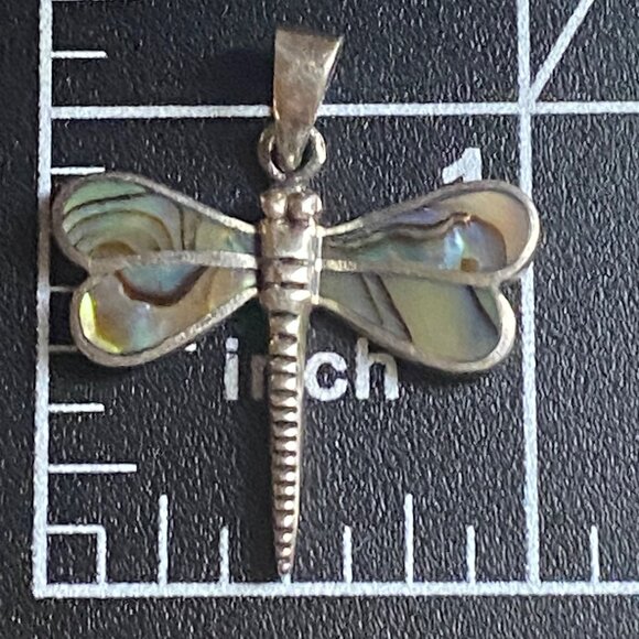 Sterling Silver 925 Dragonfly Pendant Necklace Abalone Shell 18" Chain 4.67g - Picture 5 of 12